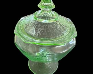Green depression glass covered candy dish