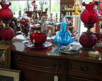 Blue Stretch Glass Epergne. Pair of Fenton Red Poppy Lamps. Flash Red Bowls and Serving Tray