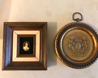 Miniature portrait pendant framed.  Another miniature figures in round frame