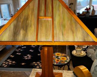 Wood and slag glass shade lamp