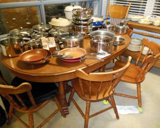 Dining table 4 chairs, asst, pots & Pans