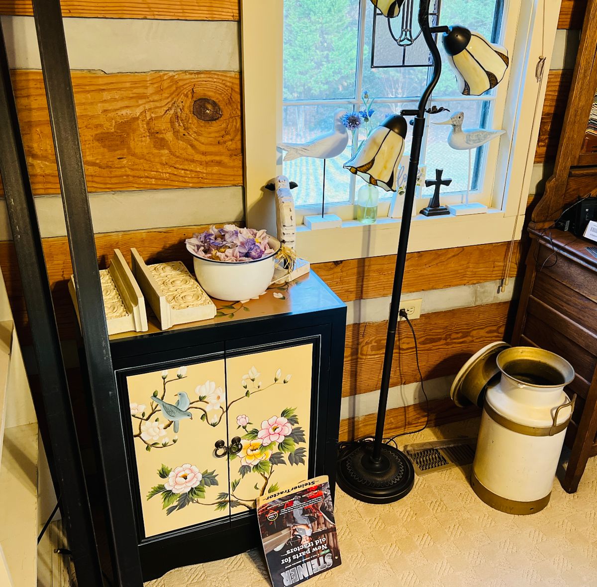 Small painted chest and floorlamp