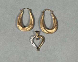 (3PC) 14K & DIAMOND JEWELRY | Including a heart-shaped two-tone gold pendant with four melee diamonds and a pair of swirled huggie earrings, all marked "14K"; all together 2.4g

