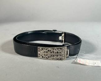 [NWT] JUDITH LEIBER BELT | Unworn, with Saks Fifth Avenue tag attached, black leather belt with a fancy faux jeweled buckle. -  l. 31 in

