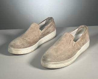 MEN'S PRADA SLIP-ONS | Light tan / beige suede slip-on sneakers, men's size 9. 

