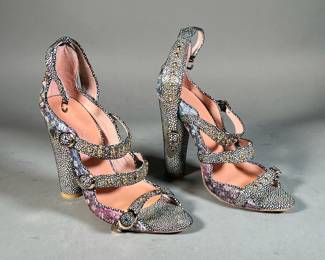 CYNTHIA ROWLEY COLORFUL HIGH HEELS | Size 37 Cynthia Rowley colorful high heels with iridescent design and gold beads. 4-inch heel. -  l. 7.5 x w. 3.25 x h. 8 in
