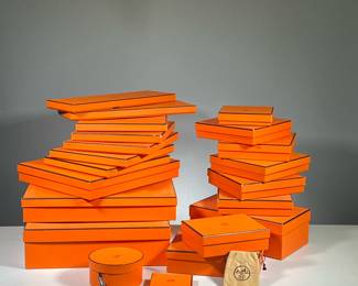 COLLECTION HERMES BOXES | A large collection of many-sized Hermes boxes - longest 15.25 in. -  l. 14 x w. 13.25 x h. 4.5 in (largest)