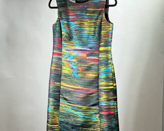 AKRIS PUNTO COLORFUL FABRIC DRESS | Colorful fabric dress for Akris Punto with blues, reds, yellows, blacks, and greens in a natural horizontal stripe pattern. Size 6.


