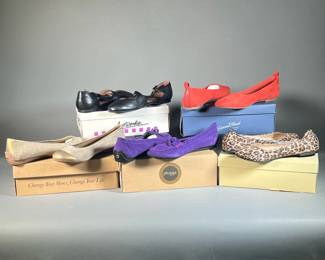 (NEW) SALOMON WOMEN’S TRAIL RUNNERS | Includes; 2 pair of pluggz flats, brown suede Isis and purple suede Juno; Universal Thread Goods Co rust Bianca flats; Mossimo Supply Co animal print Ona flat, all size 9.5; and Footworks black sandal size 10.

