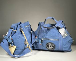 (2PC) BLUE KIPLING SHOULDER BAG & SATCHEL | Features: Kipling denim style drawstring shoulder bag and zipper satchel bag. - l. 23 x h. 23 in

