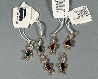 (6PC) 14K & GEMSTONE CHARMS | Small people-form pendant charms of small size with articulating arms and legs, birthstone semi-precious gems set in 14k yellow gold; all together approx. 2.5g. - h. 0.6 in (approx)
