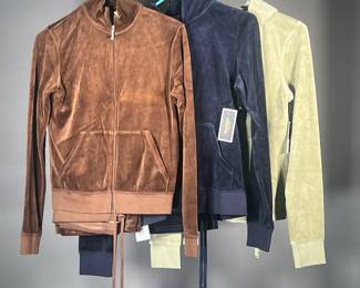(3PC) JUICY COUTURE SWEATSUITS (NWT) | Includes: Navy blue sweatsuit (L), lime green sweatsuit (L), and brown sweatsuit (L). All with jacket and pants.
