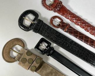 (5PC) LEATHER BELTS | Including an Alden Howard belt with ancient-style coins, an Italian alligator black leather belt, an Abaco Paris belt, a brown leather braided belt, and a thinner Astor belt. - l. 39 in (Alden Howard, approx.)
