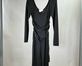 SOPHIE SITBON PARIS LONG DRESS | Sophie Sitbon long sleeve black dress. Black long sleeve long dress with center slit in back and front, scoop neck, multi-tie waist, rayon/spandex. Made in France. Size 40. - l. 50 in (from back center)


