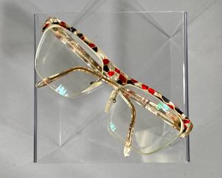 CHRISTIAN ROTH GLASSES | Large Christian Roth prescription glasses from the Optical Affairs series, with a red, black, and white speckled frame. Handmade in Italy. - l. 6 x w. 2.25 in

