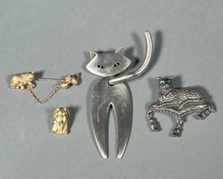 (3PC) CAT PINS | Fun! Cat-form brooches in gold and silver tones, one marked “JJ”. - h. 4 in (largest)

