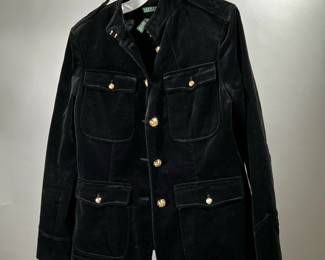 RALPH LAUREN BLACK VELVET JACKET | Size 14, black cotton jacket with gold-tone buttons. - l. 26 in (from shoulder)


