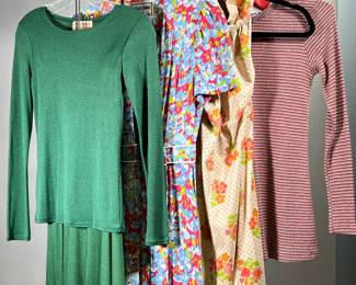 (4PC) 1960'S & 70'S PERIOD VINTAGE WOMEN'S CLOTHING, SAN FRANCISCO & MORE | Four sixties and seventies colorful garments, including: a Corky Craig California mini dress, with Arnel fabric floral print high line neck with A-line bottom; a Plain Jane San Francisco Timeless half-round short sleeve dress, with chiffon floral print fabric; a "DDDominick Sports Wear Components" green long sleeve top and skirt set; and a vintage thermal pattern long sleeve shirt.