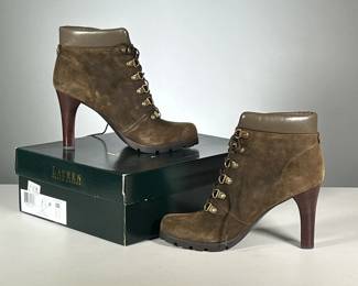 [NEW] RALPH LAUREN HEELS | Ralph Lauren "Darby" boot heels in dark olive green color, oiled suede, women's size 9B (UK 7.5).

