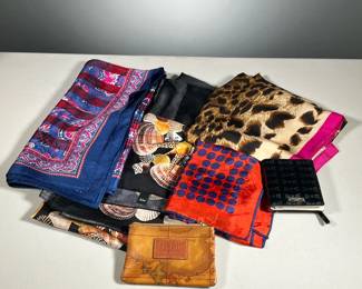(7PC) LADIES COUTURE | Including a Kate Spade Wallet, and Alviero Martini coin purse, scarves and a sash including echo, Anne Klein, etc. 

