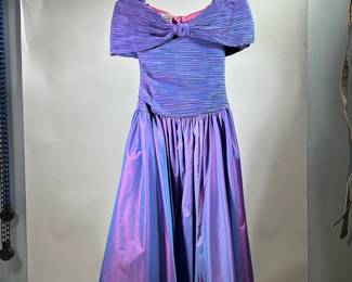 CATTIVA BY MAYA JORNOT DRESS | Iridescent purple/blue party dress with off-the-shoulder ruched top; with no apparent size tag, waist/hip 31 in. - l. 42.5 in (from shoulder to hem)

