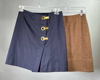 (2PC) TORY BURCH & OTHER SKIRTS | Including a Tory Burch navy blue cotton skirt with brass clasp front (size 4, length 19 in.) and a Florence Walsh brown Irish wool skirt (waist 25 in. x length 18.25 in.)

