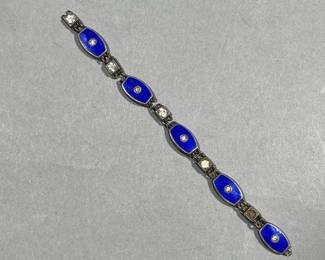 SILVER & ENAMEL BRACELET | Bracelet fragment, likely sterling silver, with blue guilloche enamel and faux diamonds, marked indistinctly. - l. 4.5 in
