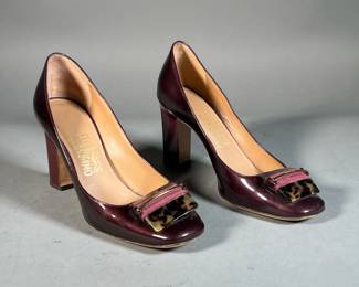 SALVATORE FERRAGAMO HIGH HEELS | Deep burgundy leather high heels by Salvatore Ferragamo in Florence Italy. 3 inch heel. - l. 9 x w. 3.25 x h. 6 in