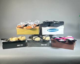 (5PC) (NEW) WOMEN’S SANDALS LOT | Includes; both black and gold Street Feet sandals size 9, white Esprit Rio sandals size 8.5, neon fuchsia brass plum shoes sandals size 9, and black Sideout Starlet sandals size 9.

