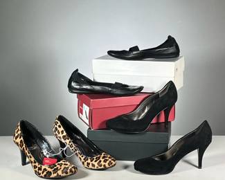 (3PC) WOMEN'S SHOES | All in original boxes, including:
Tahari black pumps, "Colette" style, size 9M [new and unworn]
Merona leopard print heels, "Maye" style, size 9.5 [NWT]
Anne Klein Sport flats in black leather, size 9M
