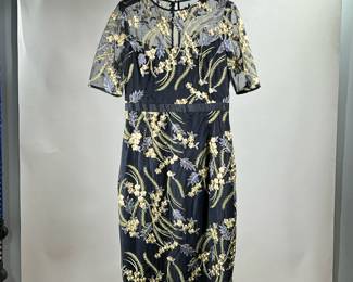 HOBBS LONDON NAVY BROCADE COCKTAIL DRESS | Beautiful embellished floral cocktail dress. Dark navy ground with chiffon overlay, royal blue, green and gold brocade embroidery, grosgrain waistband, hidden back zip with single satin button closure at neck, 7" slit at back hem. Size 6. -  l. 40 in (from back center)


