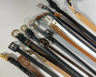 BELT COLLECTION | Seventeen leather and other belts of thin size, including a black Coach leather belt, Morris Moskowitz, Astor, and other belts. 
