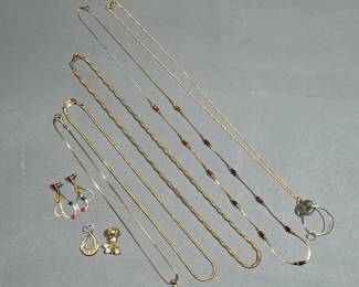 MISC. GOLD-TONE JEWELRY | Costume jewelry with nice gold appearance, including an Avon "Love" pendant necklace with rhinestone, a pair of enamel heart earrings, a tiger's eye style beaded necklace, a twisted rope necklace, and others. - l. 14.5 in (longest)
