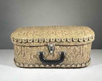 FAUX SNAKE SKIN SUITCASE | Features: faux snake skin outer layer with handle and latch. Stamped “Made in USA”. - l. 12.5 x w. 18 x h. 8 in
