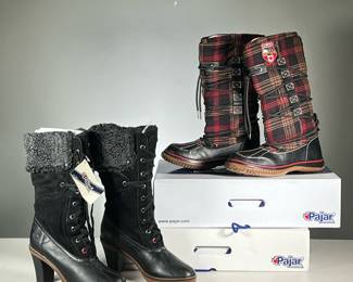 (2PC) PAJAR CANADA BOOTS | Two pairs of Pajar Canada boots, both women's size 40 M, including a pair of "Gretta" heeled boots in black and a pair of "Andree" purple/brown padded plaid boots. 
