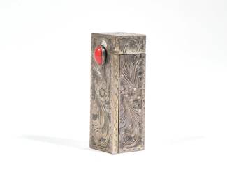 ENGRAVED SILVER & CORAL COMPACT | 800 silver lipstick compact with engraved decoration, sliding lipstick tube with a spring-loaded folding mirror; 0.75 ozt. -  l. 2 in

