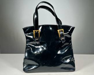 VINTAGE HANDBAG | Stevens Inc. black patent leather handbag. - l. 13.5 x w. 5 x h. 18 in (Over handles)
