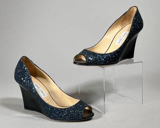 JIMMY CHOO SEQUIN WEDGES | Women's EU size 39.5 (US 8), blue sequin open-toe wedge heels. 


