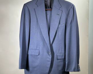 SAINT LAURIE BESPOKE SUIT | Men's navy blue linen suit pants and jacket, with no apparent size or material label; jacket w. 19 in. (shoulder to shoulder) x l. 31.5 in. (collar to hem); pants waist 35 in. x l. 40.5 in.


