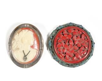 (2PC) ANTIQUE PENDANTS | Including a shell-carved cameo of a lady wearing a necklace with a melee diamond, no apparent markings (42 x 34mm); and a cinnabar carved pendant with enamel flower border, marked "CHINA" (dia. 43mm).
