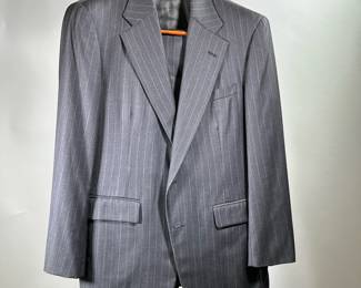 SAINT LAURIE BESPOKE SUIT | Men's gray striped suit, custom tailored by Saint Laurie; jacket w. 19 in. (shoulder to shoulder) x l. 31 in.; pants 34 in. waist x 38.75 in. length. 

