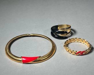 (3PC) COSTUME JEWELRY | Includes: Black and Gold bracelet, 1 Monet red and gold bracelet, & 1 Monet red and gold necklace.

