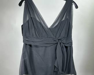 (2PC) 100% SILK ELIE TAHARI TOP WITH SILK FLOWER PIN | Black 100% silk top, V-neck front and back. Size medium. - l. 21 in (FROM SHOULDER TO HEM)


