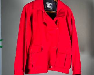 WOMEN'S BURBERRY COAT | Burberry's red wool and plaid-lined jacket, no apparent size - sleeve to sleeve: 60 in. -  l. 25 in (from shoulder)
