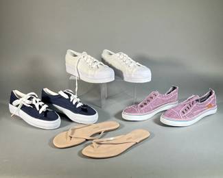 (4PC) (NEW) KEDS AND SIMILAR SHOES LOT | Includes; all white Keds, blue City Sneaks shoes, purple denim Misslook sneakers, and Tkees brown flip flops. All size 9.
