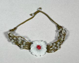FLORAL QUARTZ & BEADWORK BRACELET | Quartz beadwork bracelet with carved quartz flower. - dia. 3.5 in

