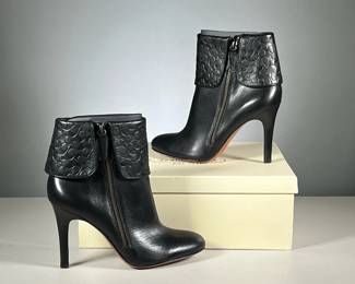 [NEW] COACH LEATHER BOOTS | Women's Coach "Mackenna" soft leather boots in black, with "C" monogram print cuff and skinny heels; size 9. 


