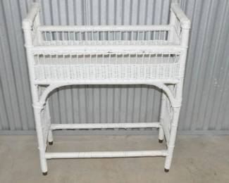 Vintage White Wicker Plant Stand, 28”w X 34.5”h x 12”d, $85 