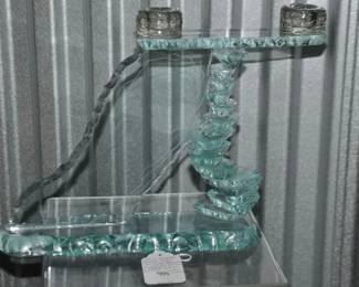Amazing Piece by Israeli Glass Artist, Yehuda Parmat Stacked Art Glass Slab Candleholder 15" W x 10"H x 3.5" D, ($225). 