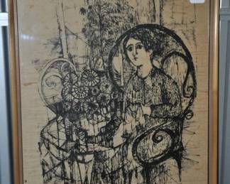 Signed Susan Bolt, Charlevoix Artist, Signed This Mid-Century Mixed Media Serigraph 24" x 32", ($165). 